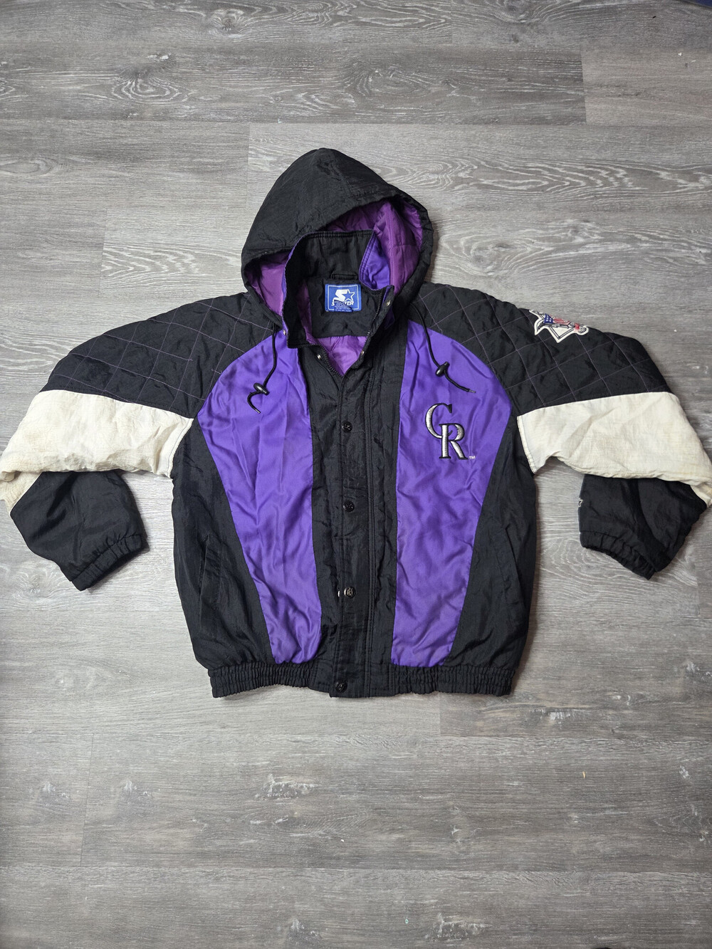 Vintage 90s Starter Colorado Rockies Quilted Hooded Pullover Jacket M